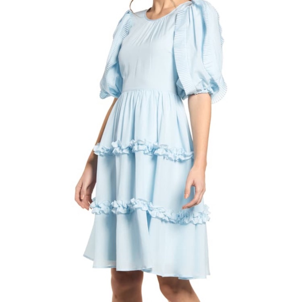 Rachel Parcel blue puff sleeve ruffle dress